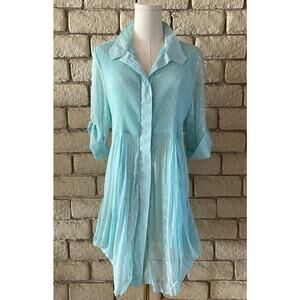 Lindi Pleated Tunic Blouse Aqua Blue Roll Tab Sleeve Size Large